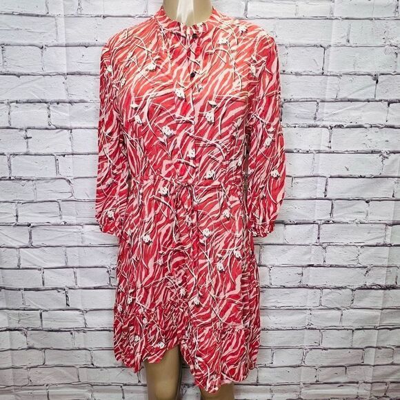 Allsaints Women's Red 3/4 Sleeves Katori Floral Button Front Shirt Dress - Picture 1 of 8